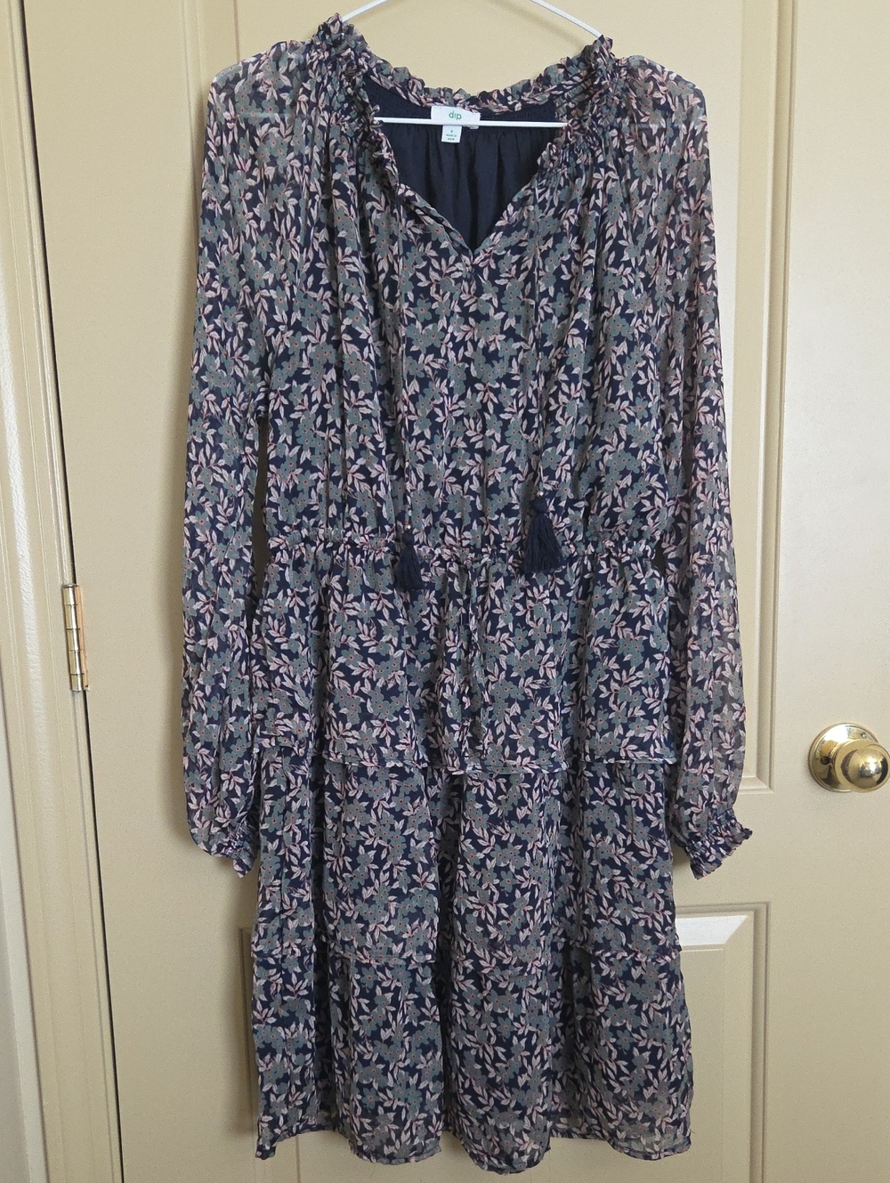 Dip Navy Long Sleeve Tiered Dress with Pink Leaf Motif